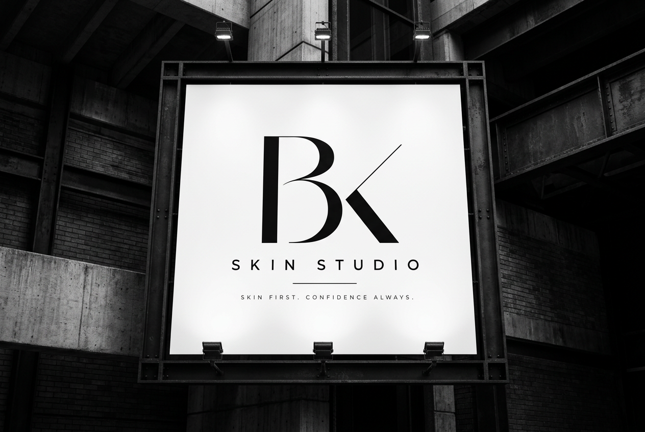 Illuminated black-and-white billboard featuring the BK Skin Studio logo and Skin First. Confidence Always. tagline